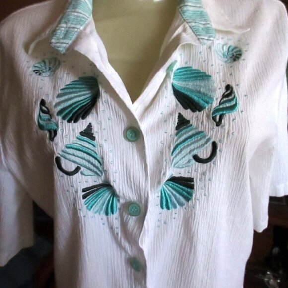Vtg Koret Francisca Petites Shirt Aqua Seashell Embroidery Beach Mom Size PXL - Picture 1 of 5